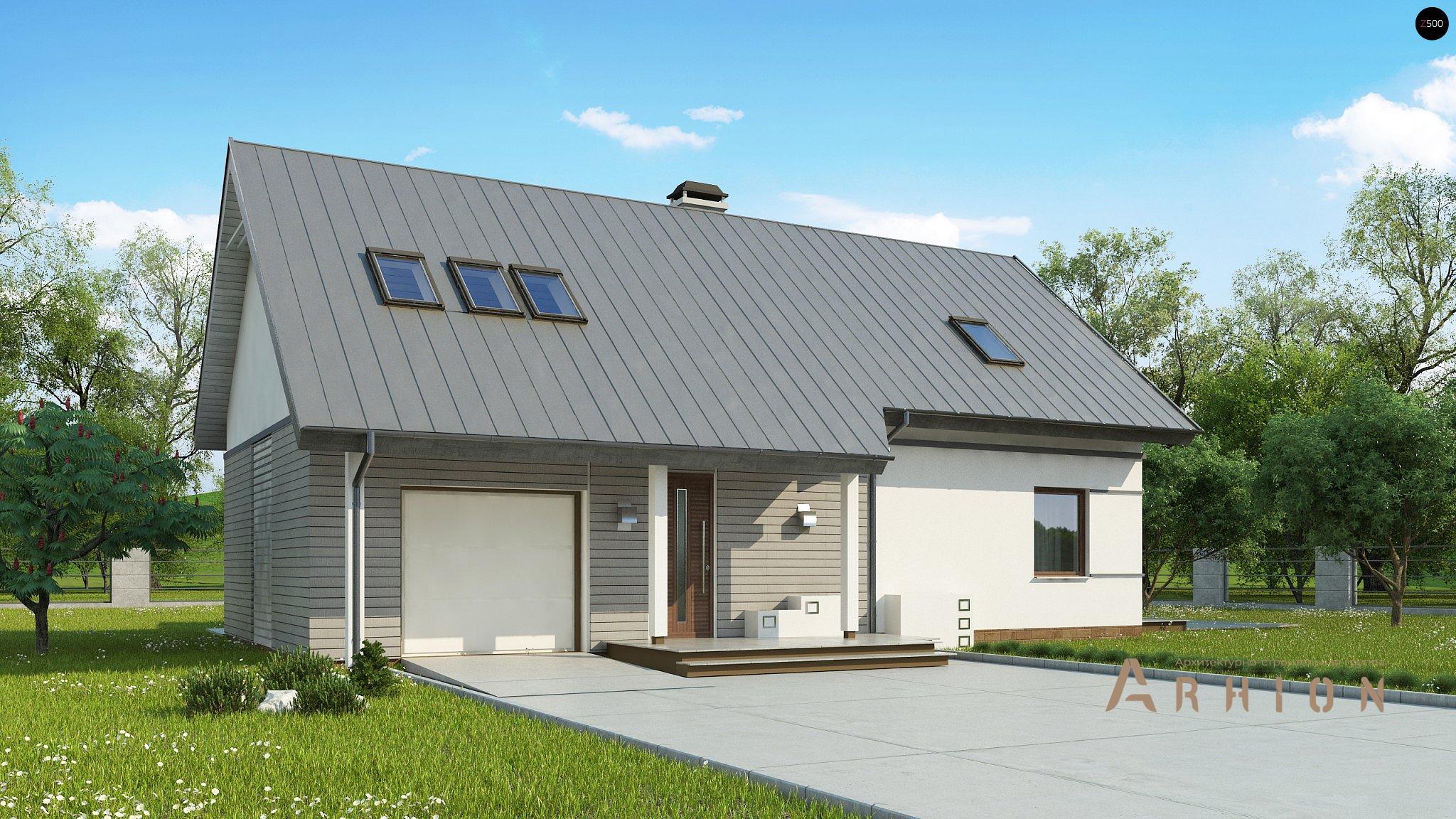 1. Проект одноэтажного дома в европейском стиле с двускатной кровлей, Z226 plus, площадью - 175 кв c мансардой, терассой, гаражом, эркером